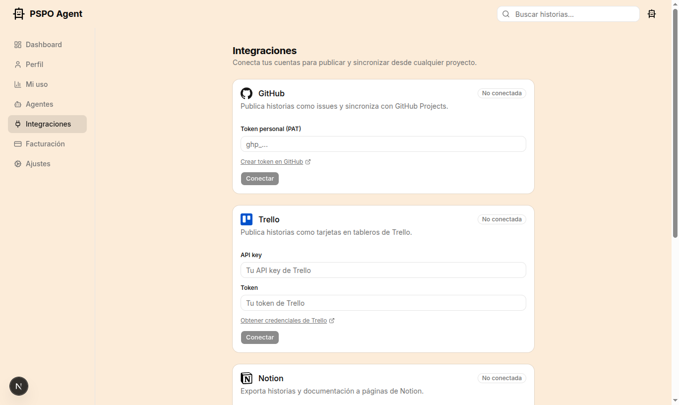Integraciones: GitHub, Trello, Notion
